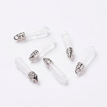 Natural Quartz Crystal Pointed Pendants, with Platinum Tone Alloy Findings, Bullet, 33~40x8~9x8~9mm, Hole: 3x4mm