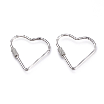 304 Stainless Steel Screw Carabiner Lock Charms, for Necklaces Making, Heart, Stainless Steel Color, 34x34x4mm, Screw: 7x4mm