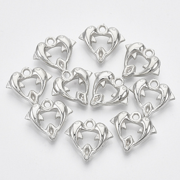 Plating ABS Plastic Pendants, Heart, Double Fish, Platinum, 22x24x7.5mm, Hole: 2.5mm