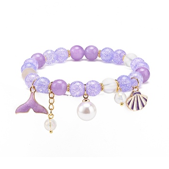 Synthetic Crackle Quartz & Natural Yellow Jade Beaded Stretch Bracelet, Alloy Whale Tail & Shell Shape & Imitation Pearl Charms Bracelet for Women, Lilac, Pendant: 14x17x3mm, Inner Diameter: 2-1/8 inch(5.4cm)