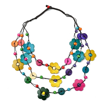 Dyed Natural Coconut Flower Beaded 3 Layer Necklaces, Bohemian Jewelry for Women, Colorful, 25.20 inch(64cm)