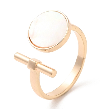 Natural Shell Flat Round & Column Open Cuff Ring, Brass Rings for Women, Real 18K Gold Plated, Inner Diameter: 17.8mm