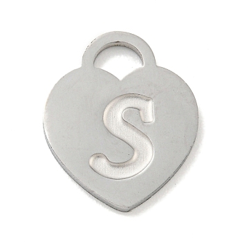 304 Stainless Steel Pendants, Laser Cut, Heart with Letter Charm, Stainless Steel Color, Letter S, 15x12x1mm, Hole: 3x3.5mm