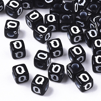 Opaque Acrylic Beads, Horizontal Hole, Alphabet Style, Cube, Black & White, Letter.Q, 5x5x5mm, Hole: 2mm, about 180pcs/18g