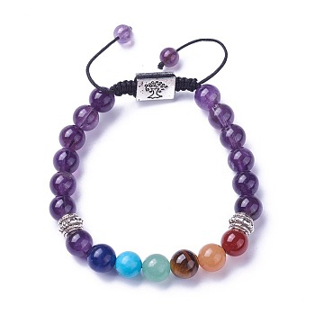 Chakra Jewelry, Natural & Synthetic Mixed Stone Braided Bead Bracelets, with Natural Amethyst, Alloy Findings and Nylon Cord, Rectangle with Tree, 52~76mm