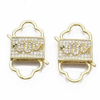 Brass Micro Pave Cubic Zirconia Clasps, Nickel Free, Rectangle with Snake, Real 16K Gold Plated, 33.5x21.5x5mm