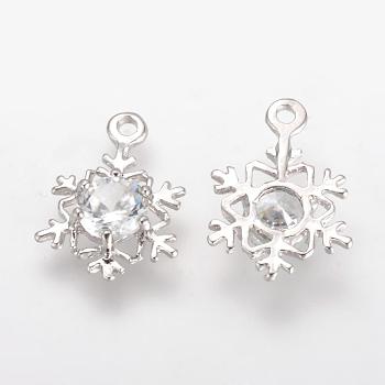 Alloy Cubic Zirconia Pendants, Snowflake, Platinum, 17x12x3.5mm, Hole: 1.5mm