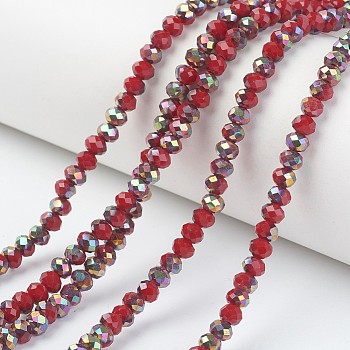 Electroplate Opaque Glass Beads Strands, Half Rose Gold Plated, Faceted, Rondelle, Dark Red, 8x6mm, Hole: 1mm, about 65~68pcs/strand, 15.7~16.1 inch(40~41cm)