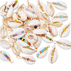 40Pcs Natural Cowrie Shell Pendants, Copper Wire Wrapped Glass Seed Bead Charms, Mixed Color, 26.5~29.5x13~14.5x9~11mm, Hole: 4~4.5mm(PALLOY-UN00022)