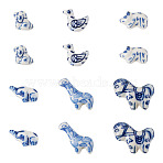 12Pcs 6 Styles Handmade Porcelain Beads, Animals, Blue and White Porcelain, Mixed Shapes, 11~22.5x14~28x8.5~11.5mm, Hole: 1.6~2mm, 2pcs/style(PORC-TA0001-68)
