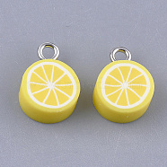 Handmade Polymer Clay Charms, with Iron Findings, Lemon, Platinum, Yellow, 14~15x10x5mm, Hole: 1.8mm(CLAY-S091-101)