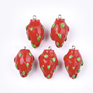 Resin Pendants, with Platinum Tone Iron Findings, Imitation Food, Pitaya, Red, 32~34x20~21x19mm, Hole: 2mm(RESI-T028-44)