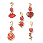 5Pcs Valentine's Day Alloy Enamel Pendant Decoratios, with Round Resin Beads and Stainless Steel Lobster Claw Clasps, Mixed Shapes, Red, 37~46mm(HJEW-JM01161-01)