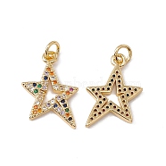 Brass Micro Pave Colorful Cubic Zirconia Pendants, with Jump Ring, Cadmium Free & Nickel Free & Lead Free, Rack Plating, Star, Real 18K Gold Plated, 19x14x2mm, Hole: 3mm(KK-G439-22G)