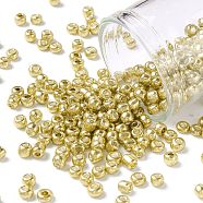 8/0 Glass Seed Beads, Metallic Colours Style, Round, Pale Goldenrod, 8/0, 3mm, Hole: 1mm, about 10000pcs/pound(SEED-A017-3mm-1113)