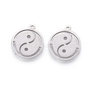 Non-Tarnish Feng Shui 201 Stainless Steel Taji Pendants, Manual Polishing, Flat Round with Yin Yang, Stainless Steel Color, 18x16x1.5mm, Hole: 1.2mm(STAS-F231-036P)