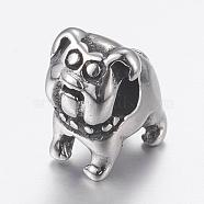 304 Stainless Steel Puppy European Beads, Large Hole Beads, Bulldog Charms, Antique Silver, 12x9x14mm, Hole: 5mm(STAS-P173-081AS)