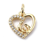 Brass Micro Pave Cubic Zirconia Charms, with Jump Ring, Heart with Family Charms, Real 18K Gold Plated, 13x11.5x2mm, Hole: 3.2mm(ZIRC-F131-08G)