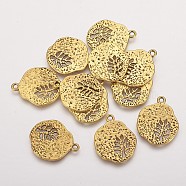 Tibetan Style Alloy Pendants, Cadmium Free & Lead Free, Flat Round with Leaf, Antique Golden, 22x18x1mm, Hole: 1mm(X-TIBEP-A14120-AG-LF)