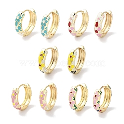 Real 18K Gold Plated Brass Enamel Flower Print Hoop Earrings for Women, Mixed Color, 20.5x5.5mm(EJEW-L269-116G)
