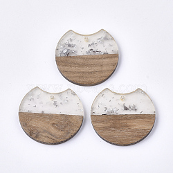 Resin & Walnut Wood Pendants, with Silver Foil, Gap Flat Round, Silver, 23x24.5x3.5mm, Hole: 2mm(X-RESI-T023-A-11I)