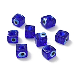 Handmade Evil Eye Lampwork European Beads, Large Hole Beads, Cube, Blue, 8~9x9~10x9~10mm, Hole: 4.3mm(LAMP-G143-06E)