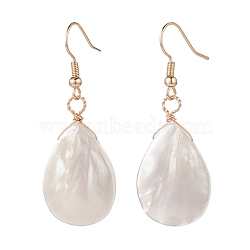 Natural Shell Teardrop Dangle Earrings, Brass Wire Wrap Jewelry for Women, Golden, 46mm, Pin: 0.6mm(EJEW-JE04953)