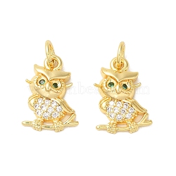 Rack Plating Brass Micro Pave Cubic Zirconia Pendants, with Jump Ring, Long-Lasting Plated, Lead Free & Cadmium Free, Owl Charm, Real 18K Gold Plated, 14.5x10x3mm, Hole: 3.5mm(KK-K377-62G)