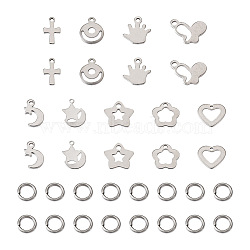 Jewelry 90Pcs 9 Style 304 Stainless Steel Charms, Mixed Shapes, with 120Pcs 304 Stainless Steel Jump Rings, Stainless Steel Color, 9.5~13x7~12.5x0.5~1mm, Hole: 1~1.8mm, 10pcs/style(STAS-PJ0001-41)
