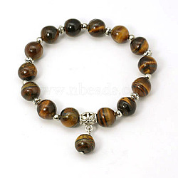 Fashion Gemstone Beaded Bracelets, Stretch Bracelets, with Antique Silver Alloy Beads, Tiger Eye, 55mm(BJEW-JB00858-05)