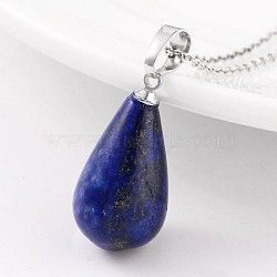 Teardrop Platinum Tone Brass Lapis Lazulie Pendants, 24~26x13mm, Hole: 5x8mm(G-F267-04E)