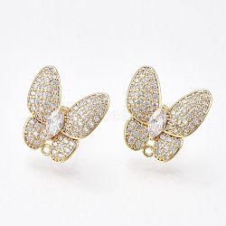 Brass Micro Pave Cubic Zirconia Stud Earring Findings, with Loop, Butterfly, Clear, Nickel Free, Real 18K Gold Plated, 15.5x15.5mm, Hole: 1mm, Pin: 0.8mm(KK-S350-423)