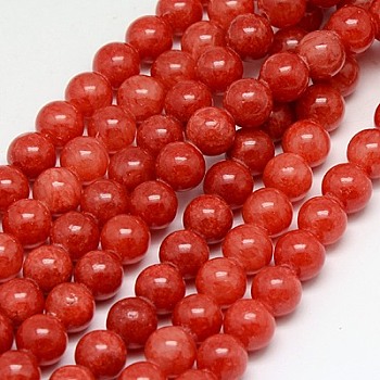 Natural Yellow Jade Beads Strands, Dyed, Round, Orange Red, 6mm, Hole: 1mm, about 70pcs/strand, 15.75 inch