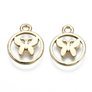 Alloy Pendants, Cadmium Free & Nickel Free & Lead Free, Flat Round with Butterfly, Real 16K Gold Plated, 15x12x1.5mm, Hole: 1.6mm