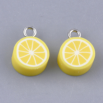 Handmade Polymer Clay Charms, with Iron Findings, Lemon, Platinum, Yellow, 14~15x10x5mm, Hole: 1.8mm