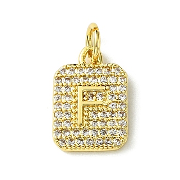 Rack Plating Brass Micro Pave Clear Cubic Zirconia Charms, Long-Lasting Plated, Lead Free & Cadmium Free, Rectangle with Letter Pattern, with Jump Ring, Real 18K Gold Plated, Letter F, 14x9.5x2mm, Hole: 3mm