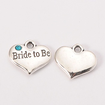 Wedding Theme Antique Silver Tone Tibetan Style Heart with Bride to Be Rhinestone Charms, Aquamarine, 14x16x3mm, Hole: 2mm