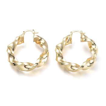 Brass Hoop Earrings, with 304 Stainless Steel Pins, Twisted Ring Shape, Real 18K Gold Plated, 44.5x39x8mm, Pin: 0.7x2mm