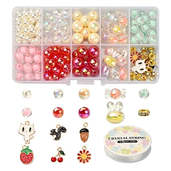 DIY Cute Stretch Bracelet Making Kit, Including Imitation Pearl & Candy & Rabbit Acrylic Beads, Squirrel & Strawberry & Cat & Acorns & Cherry Alloy Enamel Pendants, Mixed Color, 6mm, Hole: 2mm