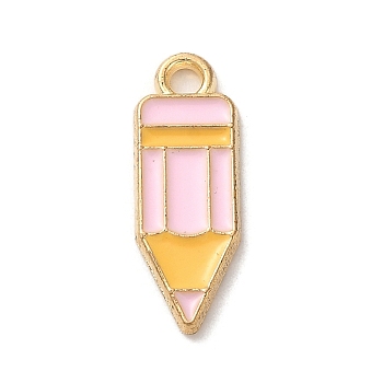 Alloy Enamel Pendants, Golden, Pencil Charm, Pink, 18.5x6.5x1mm, Hole: 1.8mm