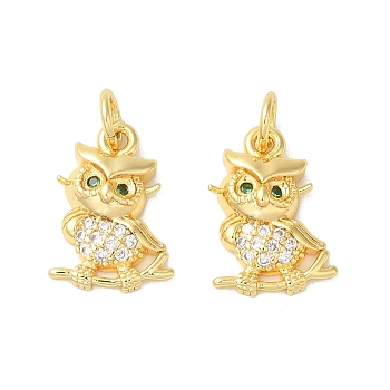 Rack Plating Brass Micro Pave Cubic Zirconia Pendants, with Jump Ring, Long-Lasting Plated, Lead Free & Cadmium Free, Owl Charm, Real 18K Gold Plated, 14.5x10x3mm, Hole: 3.5mm