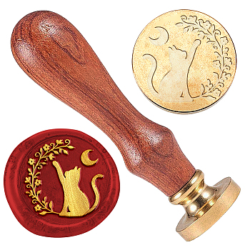 Wax Seal Stamp Set, 1Pc Golden Tone Sealing Wax Stamp Solid Brass Head, with 1Pc Retro Wood Handle, for Envelopes Invitations, Gift Card, Cat Shape, 83x22mm, Stamps: 25x14.5mm