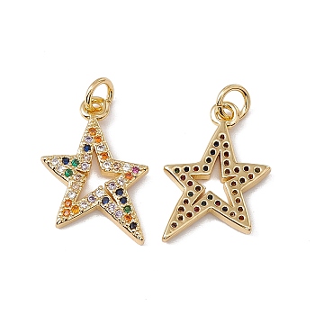 Brass Micro Pave Colorful Cubic Zirconia Pendants, with Jump Ring, Cadmium Free & Nickel Free & Lead Free, Rack Plating, Star, Real 18K Gold Plated, 19x14x2mm, Hole: 3mm