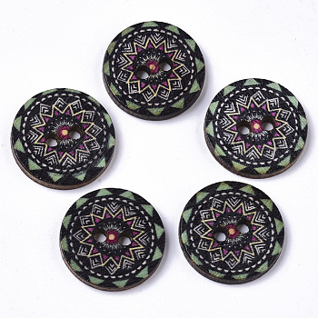 2-Hole Printed Wooden Buttons, Flat Round with Floral Pattern, Undyed, Colorful, 20x2.5~3mm, Hole: 2mm