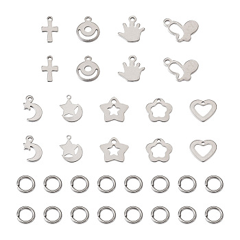 Jewelry 90Pcs 9 Style 304 Stainless Steel Charms, Mixed Shapes, with 120Pcs 304 Stainless Steel Jump Rings, Stainless Steel Color, 9.5~13x7~12.5x0.5~1mm, Hole: 1~1.8mm, 10pcs/style