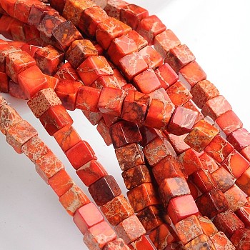 Dyed Natural Imperial Jasper Cube Beads Strands, Orange Red, 6x6x6mm, Hole: 1mm, about 60pcs/strand, 15.3 inch