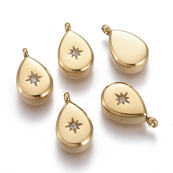 316 Surgical Stainless Steel Pendants, with Crystal Rhinestone, Teardrop with Star, Golden, 13.5x8.5x4mm, Hole: 1mm