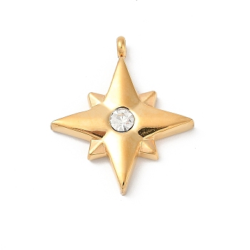 304 Stainless Steel with Rhinestone Pendants, Golden, Star, 27.5x27x4.5mm, Hole: 2mm