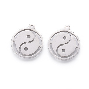 Non-Tarnish Feng Shui 201 Stainless Steel Taji Pendants, Manual Polishing, Flat Round with Yin Yang, Stainless Steel Color, 18x16x1.5mm, Hole: 1.2mm