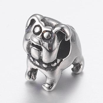304 Stainless Steel Puppy European Beads, Large Hole Beads, Bulldog Charms, Antique Silver, 12x9x14mm, Hole: 5mm